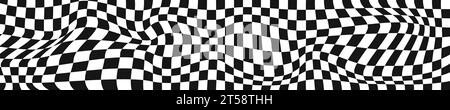 Distorted chessboard background. Checkered optical illusion. Psychedelic dizzy pattern with warped black and white squares. Trippy checkerboard Stock Vector