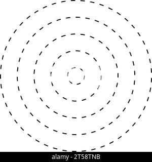 Dashed concentric circle icon. Black and white broken circular rings. Sound wave, radar, target. Dotted round lines. Abstract monochrome graphic Stock Vector