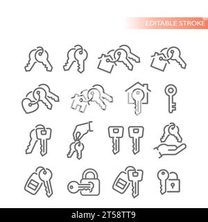 House, car key ring and chain vector icons. Keys, real estate and lock icon set. Stock Vector