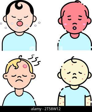 graphic illustrated Icon set sick kid belch fever temperature abscess bubonic head Injury Stock Vector