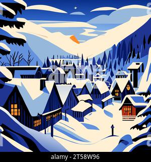 graphic illustrated Winter night time snow village rural cozy town vector Stock Vector