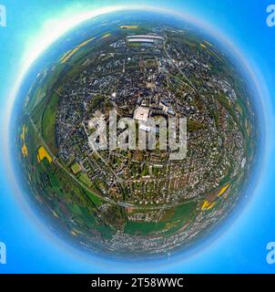 Aerial view, Kamen-Mitte, City with Kamen square shopping center, Earth globe, Fisheye image, 360 degree image, , Kamen, Ruhr area, North Rhine-Westph Stock Photo