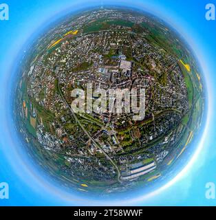 Aerial view, Kamen-Mitte, market place, city with Kamen square shopping center, earth globe, fisheye shot, 360 degree shot, , Kamen, Ruhr area, North Stock Photo