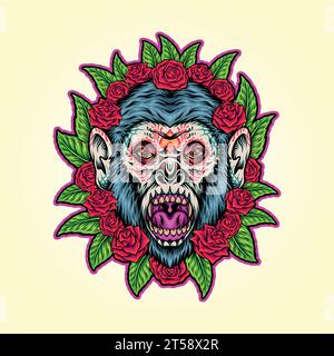 Creepy monkey sugar skull ornament fear vector illustrations for your work logo, merchandise t-shirt, stickers and label designs, poster, greeting car Stock Vector