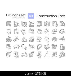 Customizable black big line icons set for construction cost Stock Vector
