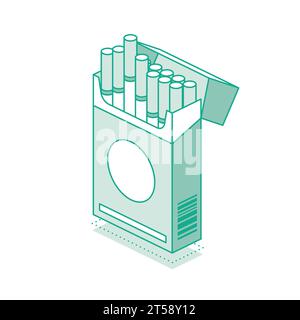 Isometric cigarettes pack isolated on white background. Vector illustration. Outline icon object. Symbol of smoking. Stock Vector