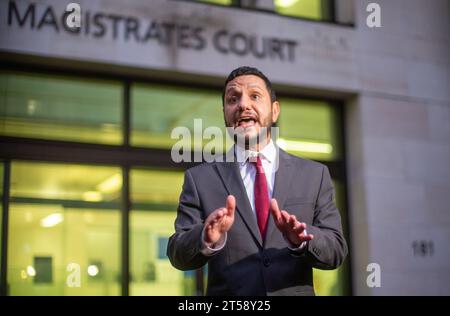 London, England, UK. 3rd Nov, 2023. Activist SAYED AHMED ALWADAEI, who was racially abused by Beckenham MP Bob Stewart, is seen making statement outside Westminster Magistrates' Court after the MP was found guilty by court, (Credit Image: © Tayfun Salci/ZUMA Press Wire) EDITORIAL USAGE ONLY! Not for Commercial USAGE! Stock Photo
