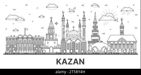Outline Kazan Russia city skyline with modern and historic buildings isolated on white. Vector illustration. Kazan cityscape with landmarks. Stock Vector
