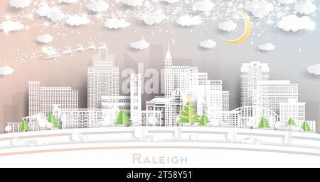 Raleigh North Carolina. Winter city skyline in paper cut style with snowflakes, moon and neon garland. Christmas, new year concept. Santa Claus on sle Stock Vector
