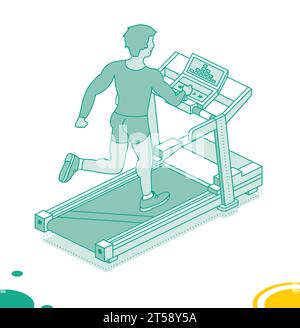 Isometric running man on treadmill. Running simulator. Vector illustration. Outline object isolated on white background. Sport gym fitness center. Stock Vector