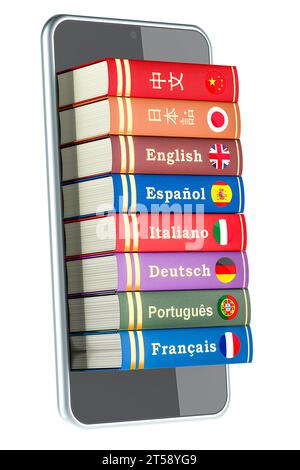 Smartphone with language textbooks inside. Mobile language application, dictionary or translator online. 3D rendering isolated on white background Stock Photo