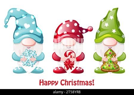 Three Christmas gnomes. Three gnomes are holding Christmas items Stock Vector
