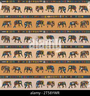 African seamless pattern with elephants and ethnic symbols Stock Vector