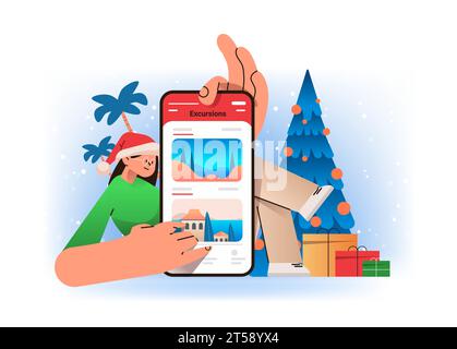woman in santa claus hat selecting and booking excursions in mobile app on smartphone screen tour personal guide selection Stock Vector