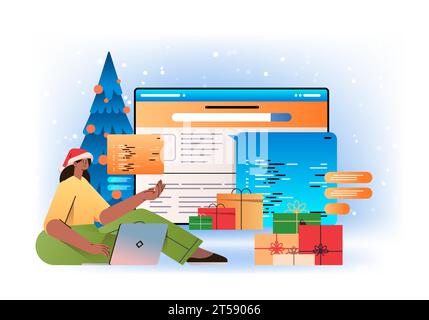web developer woman in santa hat creating program code on laptop screen development of software and programming concept Stock Vector