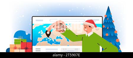 man tourist in santa claus hat placing location mark or pin on world map choose your destination international touristic service travelling Stock Vector