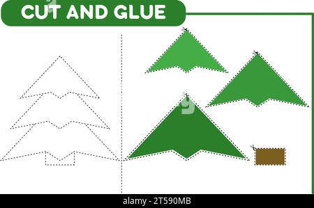 Cut and glue green Christmas tree. Worksheet for kids. Educational game. Stock Vector