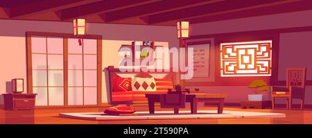 Asian bedroom interior with furniture. Vector cartoon illustration of traditional chinese room with wooden bed, armchair, teapot and cups served on table, paper lanterns, drawer, bonsai tree in pot Stock Vector