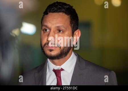 London, England, UK. 3rd Nov, 2023. Activist SAYED AHMED ALWADAEI, who was racially abused by Beckenham MP Bob Stewart, is seen making statement outside Westminster Magistrates' Court after the MP was found guilty by court, (Credit Image: © Tayfun Salci/ZUMA Press Wire) EDITORIAL USAGE ONLY! Not for Commercial USAGE! Stock Photo