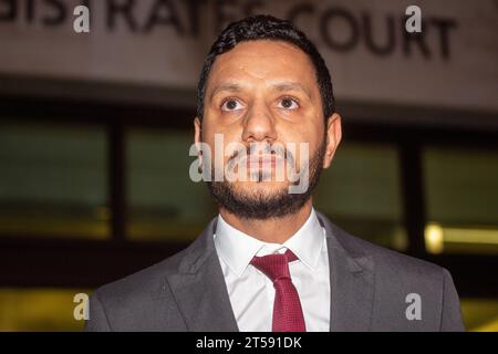 London, England, UK. 3rd Nov, 2023. Activist SAYED AHMED ALWADAEI, who was racially abused by Beckenham MP Bob Stewart, is seen making statement outside Westminster Magistrates' Court after the MP was found guilty by court, (Credit Image: © Tayfun Salci/ZUMA Press Wire) EDITORIAL USAGE ONLY! Not for Commercial USAGE! Stock Photo