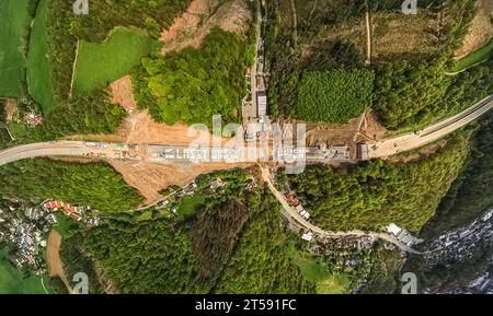 Aerial photo, blown up highway bridge Rahmede near Lüdenscheid, clean-up work and damage assessment, Lüdenscheid, Sauerland, North Rhine-Westphalia, G Stock Photo