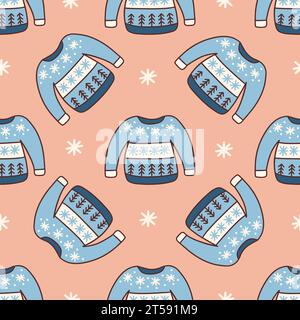 Seamless pattern with blue winter cozy knitted sweater with snowflakes and Christmas trees. Seasonal warm clothes. Colorful vector illustration hand d Stock Vector