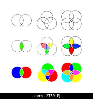 Set of Venn diagrams with overlapped circles isolated on white background. Templates of analytics schema, presentation of logical relationships Stock Vector