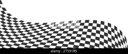 Wavy race flag or chessboard texture. Black and white checkered pattern warped in perspective. Motocross, rally, sport car or chess game competition Stock Vector