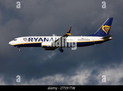A Boeing 737-8-200 Max of Ryanair's Maltese operation approaches London Gatwick Airport Stock Photo