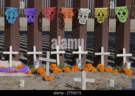 Tijuana, Baja California, Mexico. 2nd Nov, 2023. A detail of crosses and decorative skulls at a Day of the Dead alter in commemoration for migrants who died crossing the US-Mexico border on Thursday. (Credit Image: © Carlos A. Moreno/ZUMA Press Wire) EDITORIAL USAGE ONLY! Not for Commercial USAGE! Stock Photo