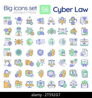 Editable multicolor big icons set for cyber law Stock Vector
