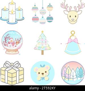 graphic illustrated Christmas Decoration Set of Ornaments Candles Bells Balls Gift vector Stock Vector