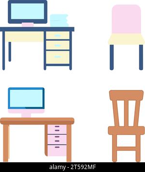 graphic illustrated Icon set working place desk and chair with computer elevation furniture Stock Vector