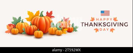 Thanksgiving day banner. Thanksgiving background with realistic 3d orange pumpkins, fall foliage, USA flag, Thanksgiving day lettering. Vector illustr Stock Vector
