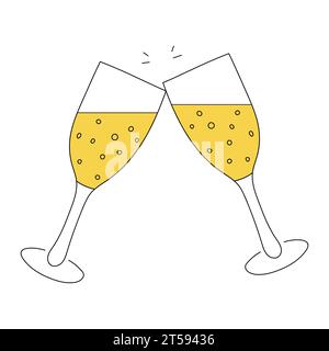 Clinking glasses. A symbol of a holiday, a festive event. Carbonated drink. Hand drawn decorative element. Color flat vector illustration isolated on Stock Vector