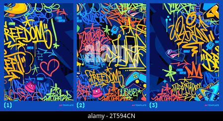 Trendy Abstract Dark Blue Graffiti Style A4 Poster Vector Illustration Art Template Stock Vector