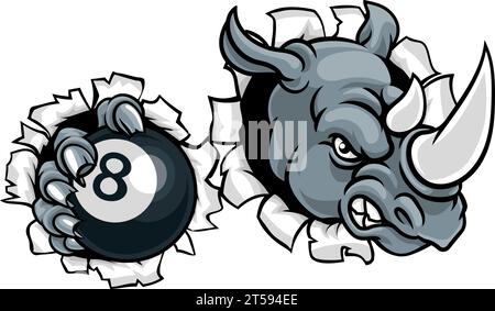 Rhino Angry Pool 8 Ball Billiards Mascot Cartoon Stock Vector