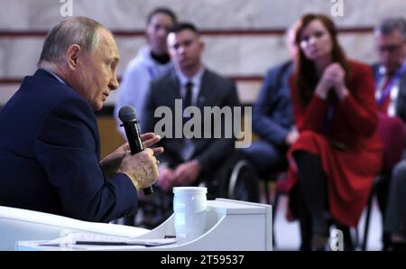 Moscow, Russia. 03rd Nov, 2023. Russian President Vladimir Putin, left, answers questions from members of the eighth Civic Chamber of the Russian Federation and heads of regional civic chambers at the Victory Museum, November 3, 2023 in Moscow, Russia. Credit: Gavriil Grigorov/Kremlin Pool/Alamy Live News Stock Photo