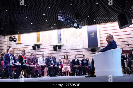 Moscow, Russia. 03rd Nov, 2023. Russian President Vladimir Putin, right, answers questions from members of the eighth Civic Chamber of the Russian Federation and heads of regional civic chambers at the Victory Museum, November 3, 2023 in Moscow, Russia. Credit: Gavriil Grigorov/Kremlin Pool/Alamy Live News Stock Photo