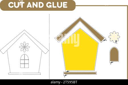 Cut and glue yellow birdhouse. Worksheet for kids. Educational game. Stock Vector