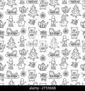 Seamless pattern. Bear and Christmas tree, lantern and snowman, kettle and sleigh, rowan and glass balls on white background. Black and white vector i Stock Vector