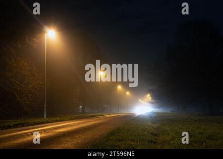 A long straight road with street lights, glowing on a misty winters night in the countryside with an avenue of tress silhouetted against the light Stock Photo