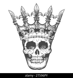 Engraving Monochrome Tattoo of Human Skull in a Crown vector illustration isolated on white. Stock Vector