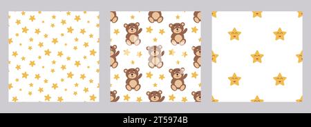 Baby seamless patterns with cute characters. Bear and stars cartoon style backgrounds set. Print for design of clothes, textiles and wallpaper for new Stock Vector