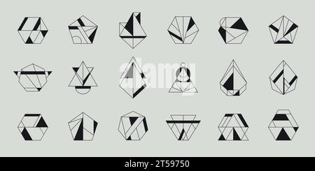Vector set of geometric shape logos, hipster, art deco line signs. Minimal signs, design elements. Triangles, hexagons, origami style. Stock Vector