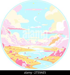 graphic illustrated Clouds sky on desert oasis river golden land sands fairy tale fantasy vector Stock Vector