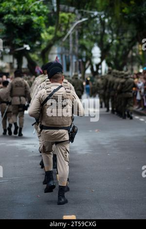 Salvador, Bahia, Brazil - September 07, 2023: Military police officers from a special battalion parade during tributes to Brazil's Independence Day in Stock Photo