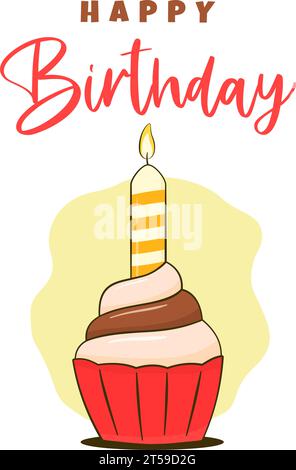 Birthday card. Happy Birthday lettering and cupcake with candle Stock Vector