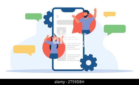 Flat vector illustration with successful business team involved in development digital network or web design concept, online communication, marketing, Stock Vector