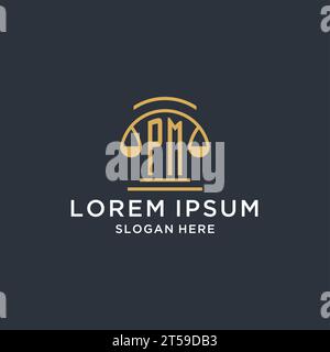 PM initial with scale of justice logo design template, luxury law and attorney logo design ideas, vector graphic Stock Vector